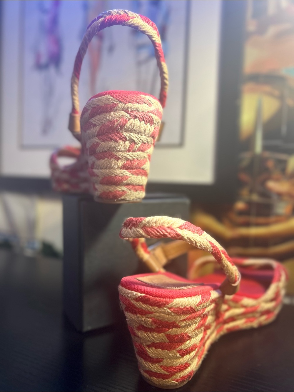 Tory Burch Red/Pink and Tan Camelia Espadrille Wedge Sandals - Picture 4 of 10